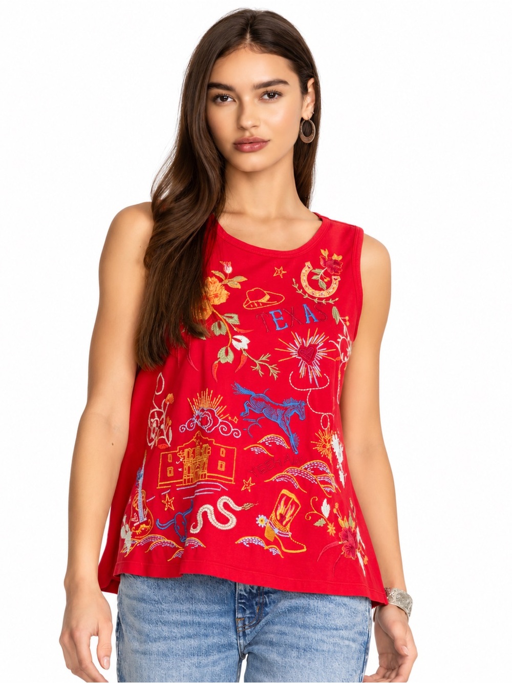 NWT Johnny Was Texas Knit Tank Top Red Embroidered Western Boho Size L
